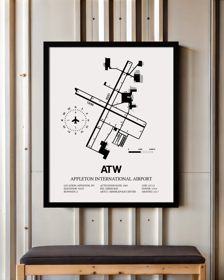 Framed Detailed Airport Map of Appleton International Airport (ATW) in White with a Black Frame