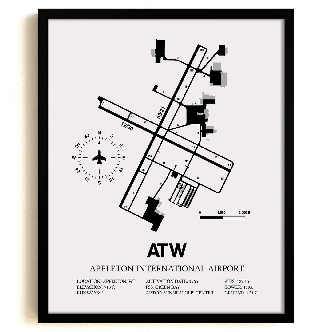 Framed Detailed Airport Map of Appleton International Airport (ATW) in White with a Black Frame