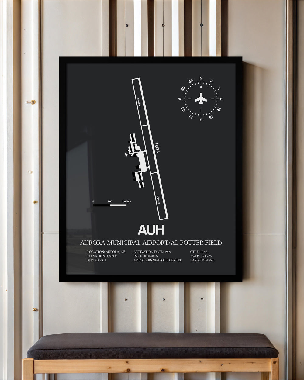 Framed Detailed Airport Map of Aurora Municipal Airport/Al Potter Field (AUH) in Gray with a Black Frame