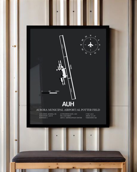 Framed Detailed Airport Map of Aurora Municipal Airport/Al Potter Field (AUH) in Gray with a Black Frame