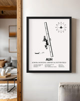 Framed Detailed Airport Map of Aurora Municipal Airport/Al Potter Field (AUH) in White with a Black Frame