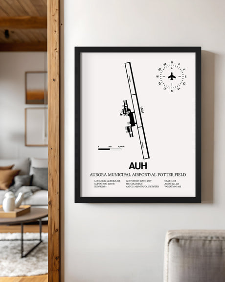 Framed Detailed Airport Map of Aurora Municipal Airport/Al Potter Field (AUH) in White with a Black Frame