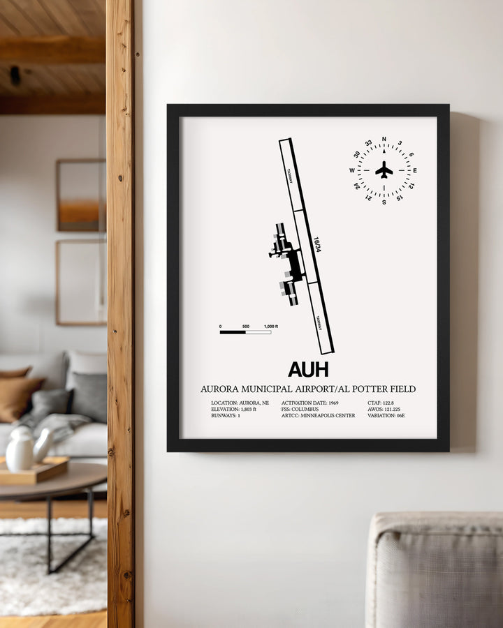 Framed Detailed Airport Map of Aurora Municipal Airport/Al Potter Field (AUH) in White with a Black Frame