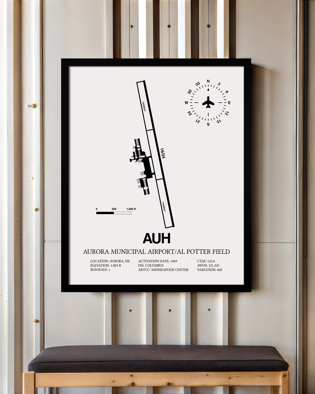 Framed Detailed Airport Map of Aurora Municipal Airport/Al Potter Field (AUH) in White with a Black Frame