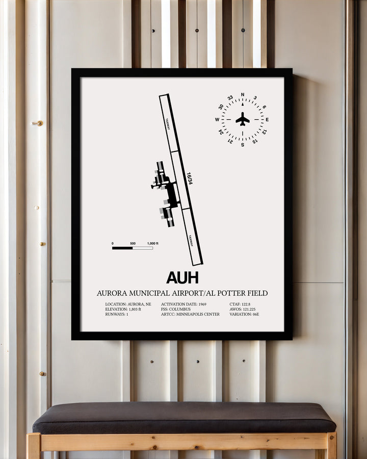 Framed Detailed Airport Map of Aurora Municipal Airport/Al Potter Field (AUH) in White with a Black Frame