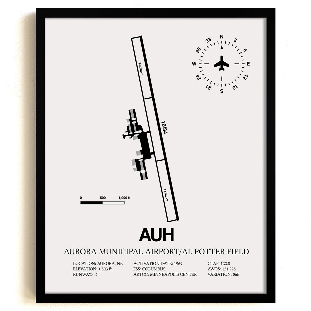 Framed Detailed Airport Map of Aurora Municipal Airport/Al Potter Field (AUH) in White with a Black Frame