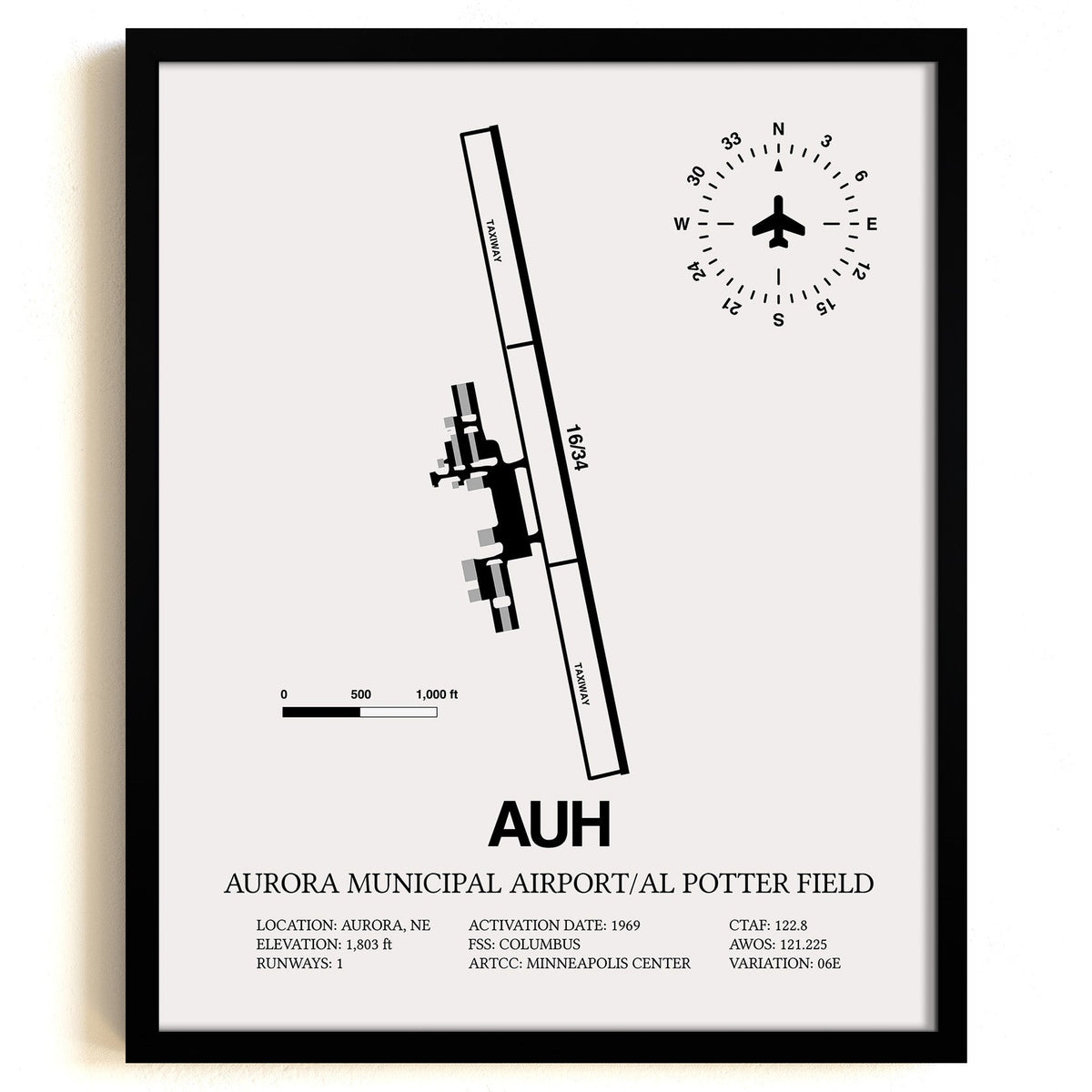 Framed Detailed Airport Map of Aurora Municipal Airport/Al Potter Field (AUH) in White with a Black Frame