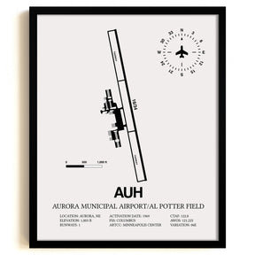 Framed Detailed Airport Map of Aurora Municipal Airport/Al Potter Field (AUH) in White with a Black Frame