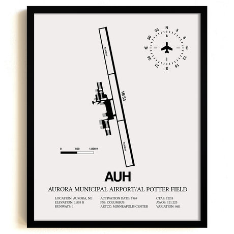 Framed Detailed Airport Map of Aurora Municipal Airport/Al Potter Field (AUH) in White with a Black Frame