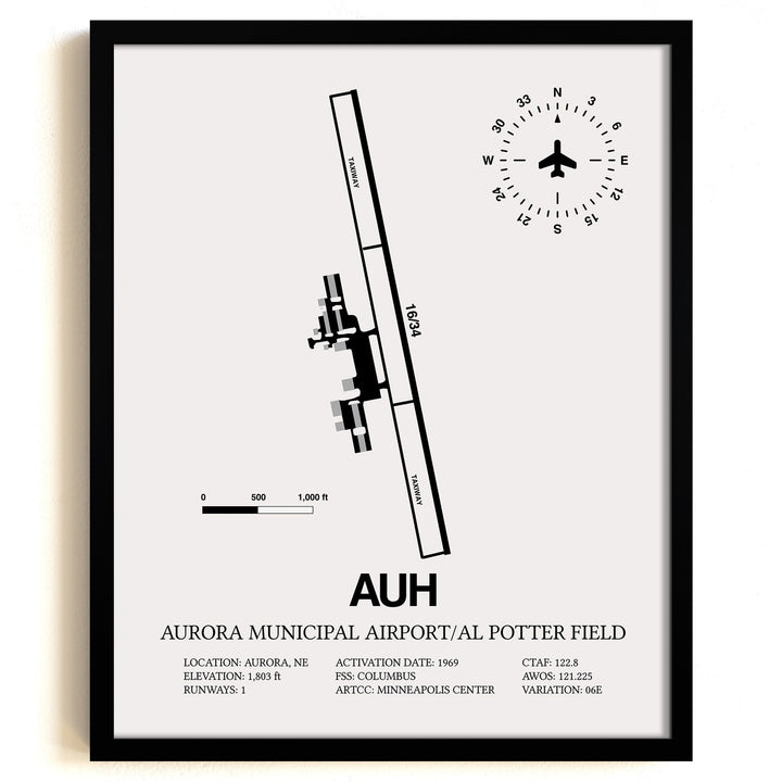 Framed Detailed Airport Map of Aurora Municipal Airport/Al Potter Field (AUH) in White with a Black Frame