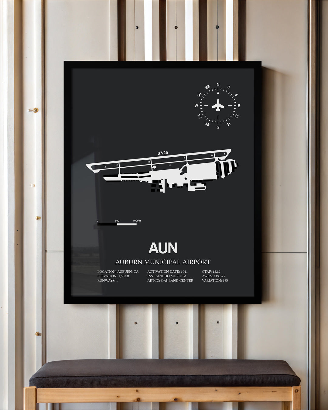 Framed Detailed Airport Map of Auburn Municipal Airport (AUN) in Gray with a Black Frame