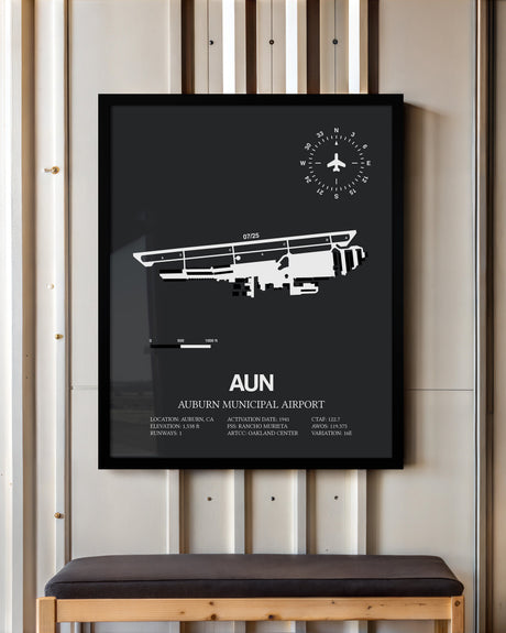 Framed Detailed Airport Map of Auburn Municipal Airport (AUN) in Gray with a Black Frame