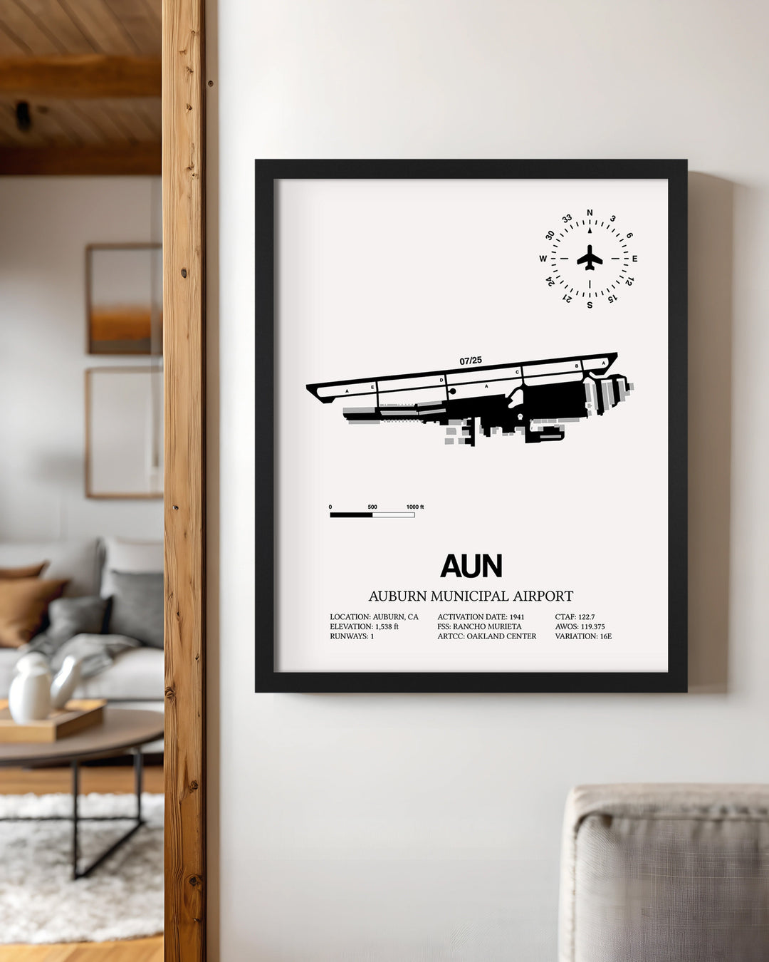 Framed Detailed Airport Map of Auburn Municipal Airport (AUN) in White with a Black Frame