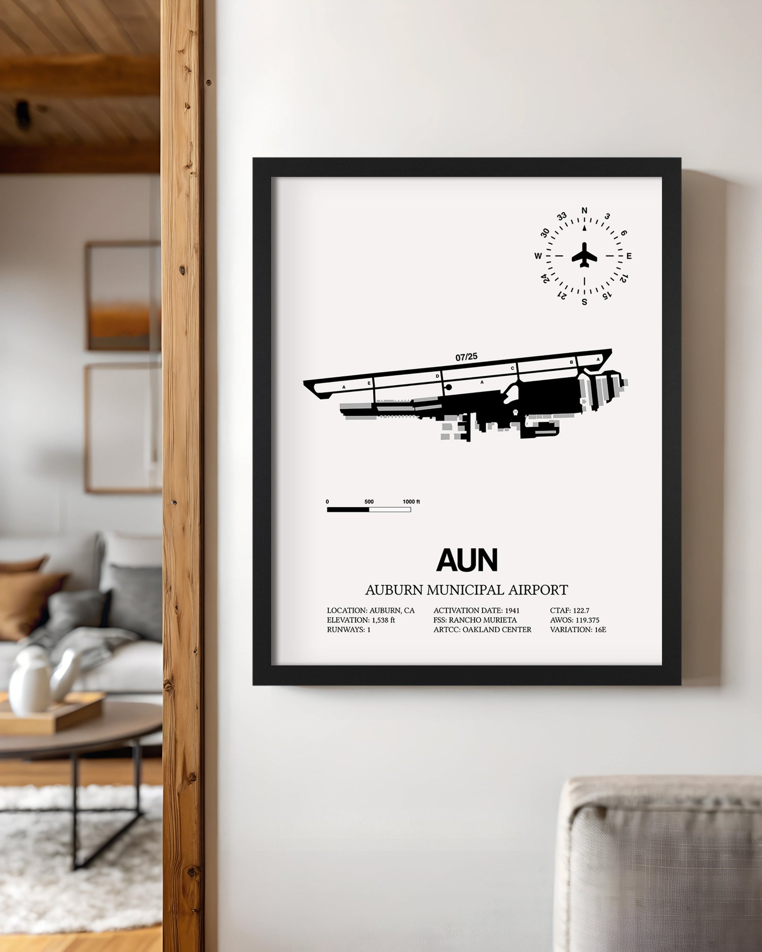 Framed Detailed Airport Map of Auburn Municipal Airport (AUN) in White with a Black Frame