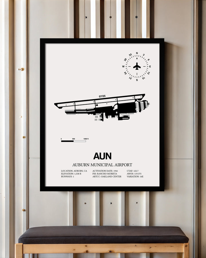 Framed Detailed Airport Map of Auburn Municipal Airport (AUN) in White with a Black Frame