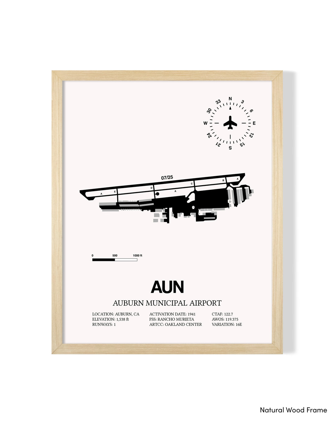 Detailed Airport Map of Auburn Municipal Airport (AUN) in White with a Natural Frame