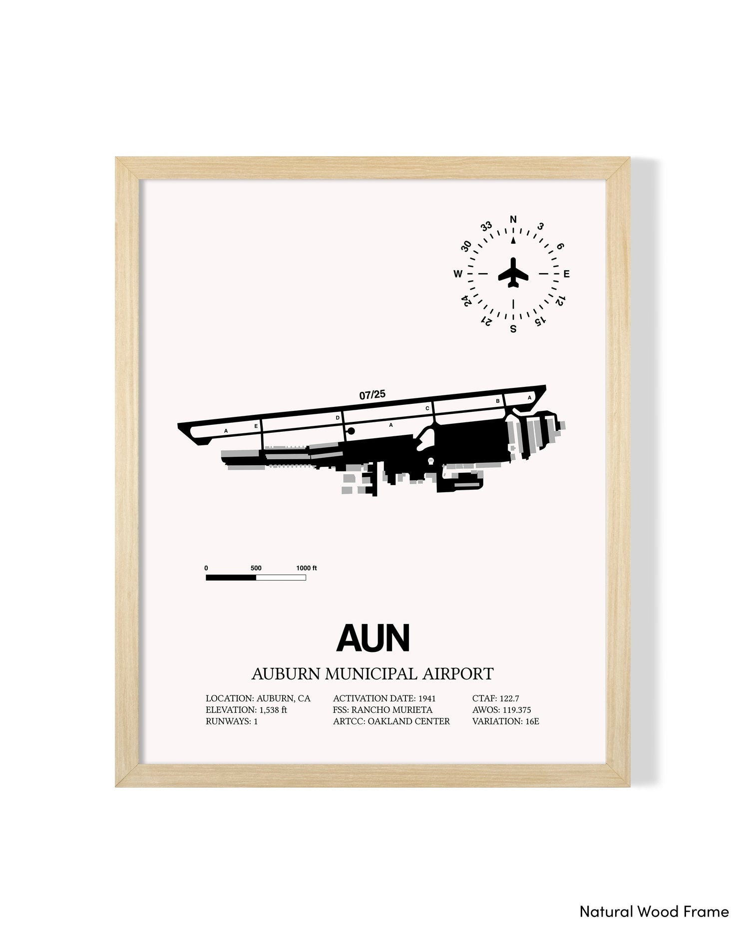 Detailed Airport Map of Auburn Municipal Airport (AUN) in White with a Natural Frame