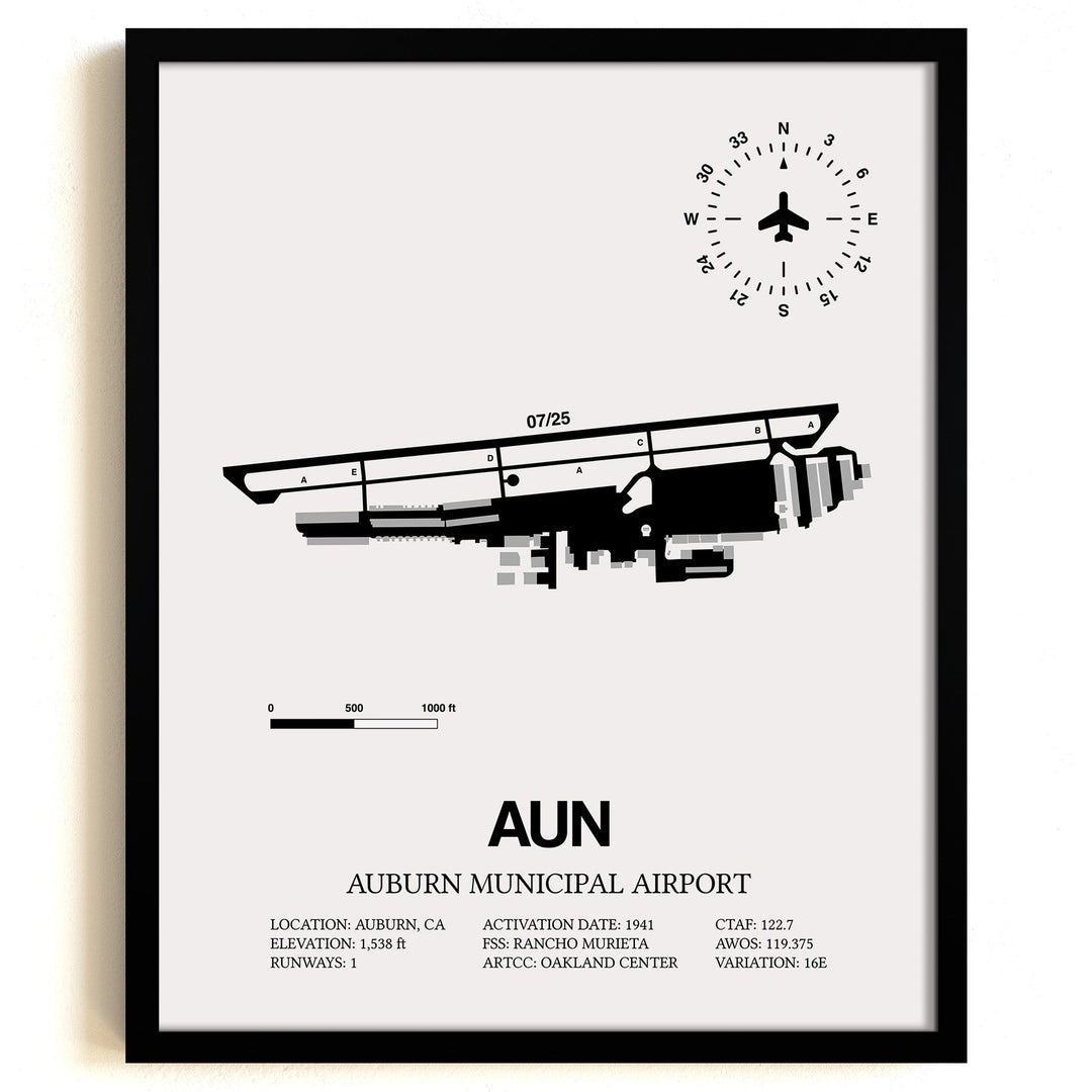 Framed Detailed Airport Map of Auburn Municipal Airport (AUN) in White with a Black Frame