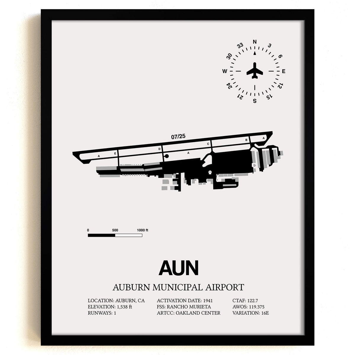 Framed Detailed Airport Map of Auburn Municipal Airport (AUN) in White with a Black Frame
