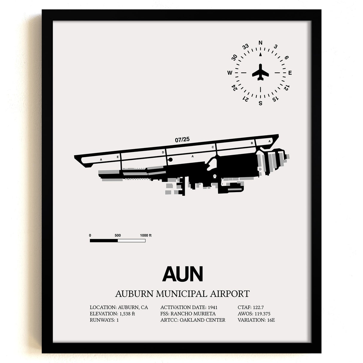 Framed Detailed Airport Map of Auburn Municipal Airport (AUN) in White with a Black Frame