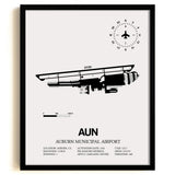 Framed Detailed Airport Map of Auburn Municipal Airport (AUN) in White with a Black Frame