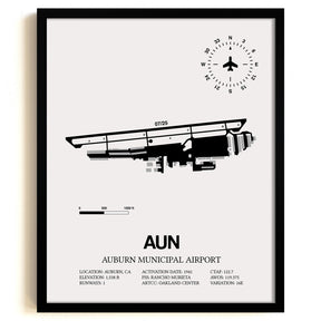 Framed Detailed Airport Map of Auburn Municipal Airport (AUN) in White with a Black Frame