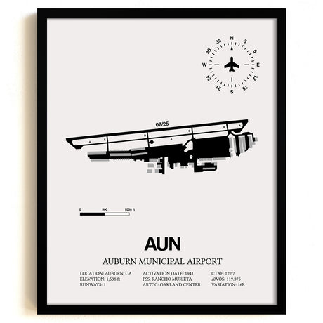 Framed Detailed Airport Map of Auburn Municipal Airport (AUN) in White with a Black Frame