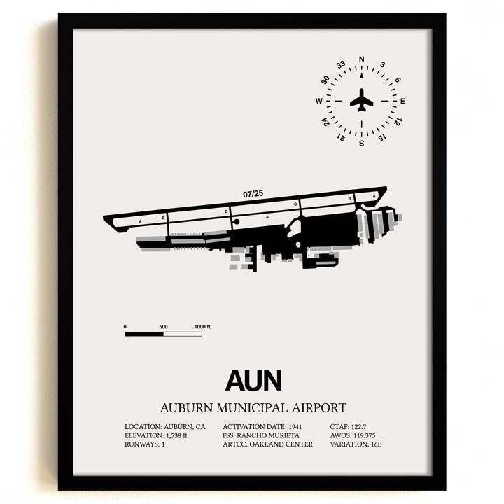 Framed Detailed Airport Map of Auburn Municipal Airport (AUN) in White with a Black Frame
