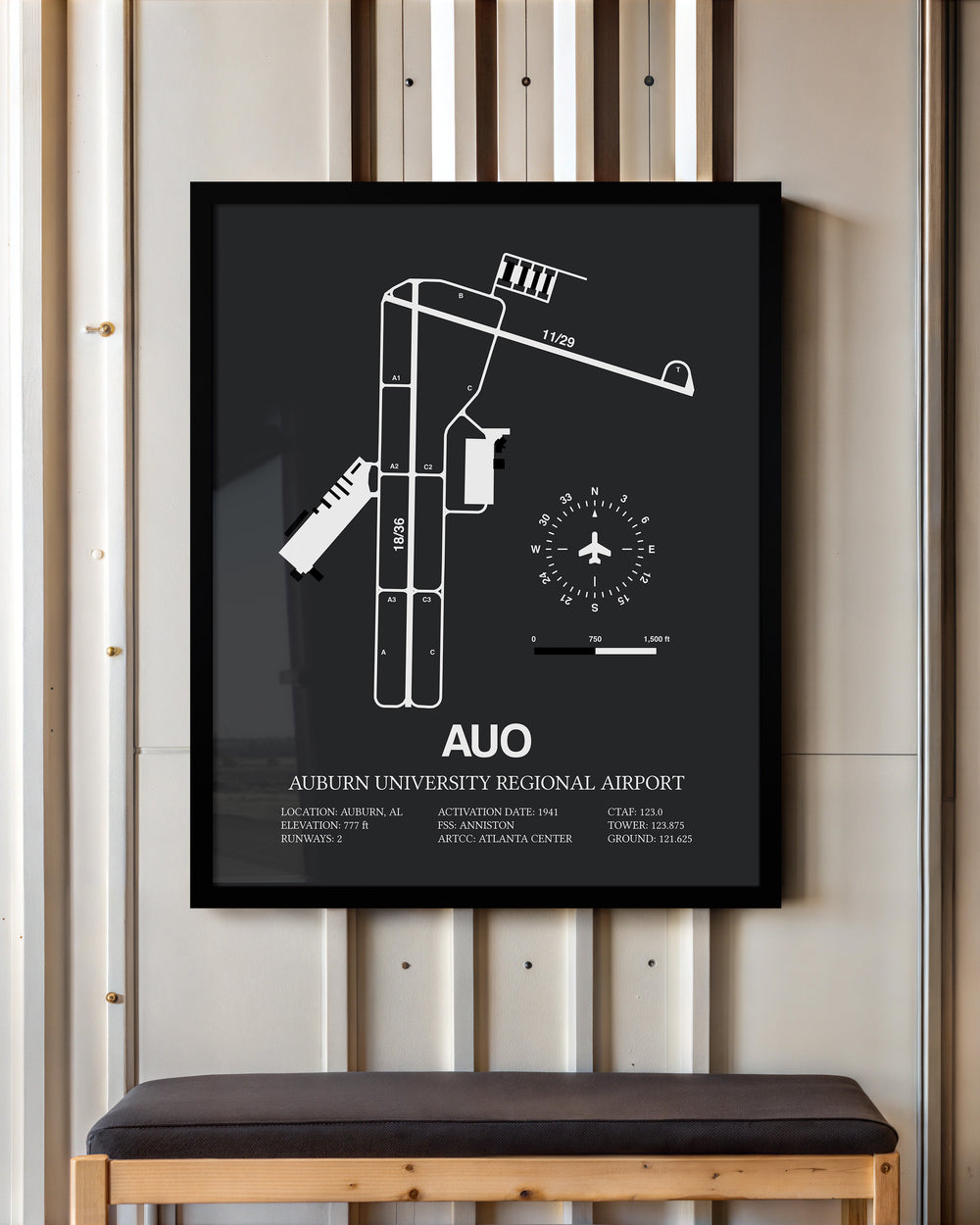Framed Detailed Airport Map of Auburn University Regional Airport (AUO) in Gray with a Black Frame