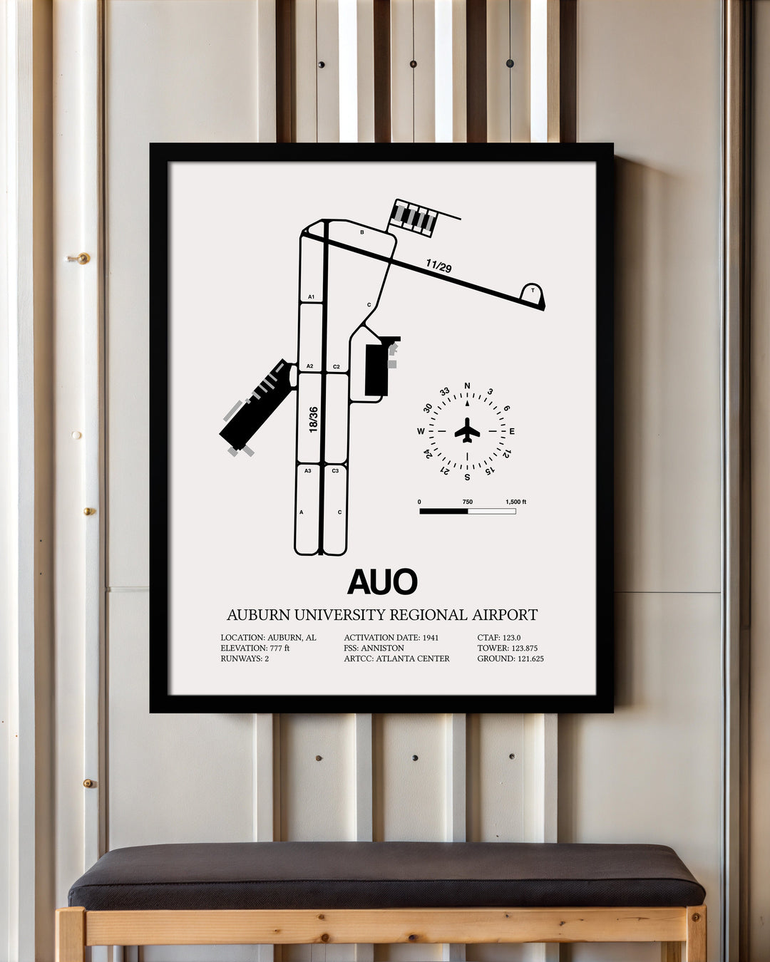 Framed Detailed Airport Map of Auburn University Regional Airport (AUO) in White with a Black Frame