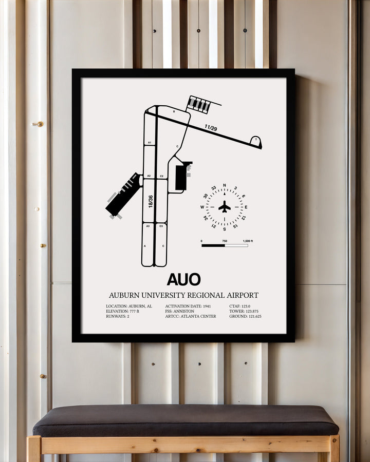 Framed Detailed Airport Map of Auburn University Regional Airport (AUO) in White with a Black Frame