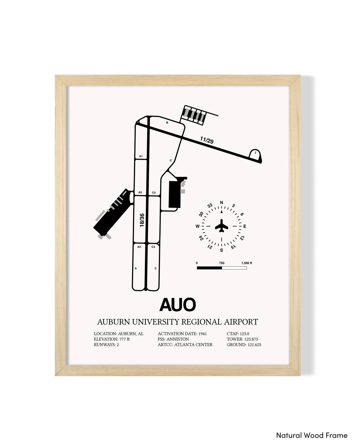Detailed Airport Map of Auburn University Regional Airport (AUO) in White with a Natural Frame
