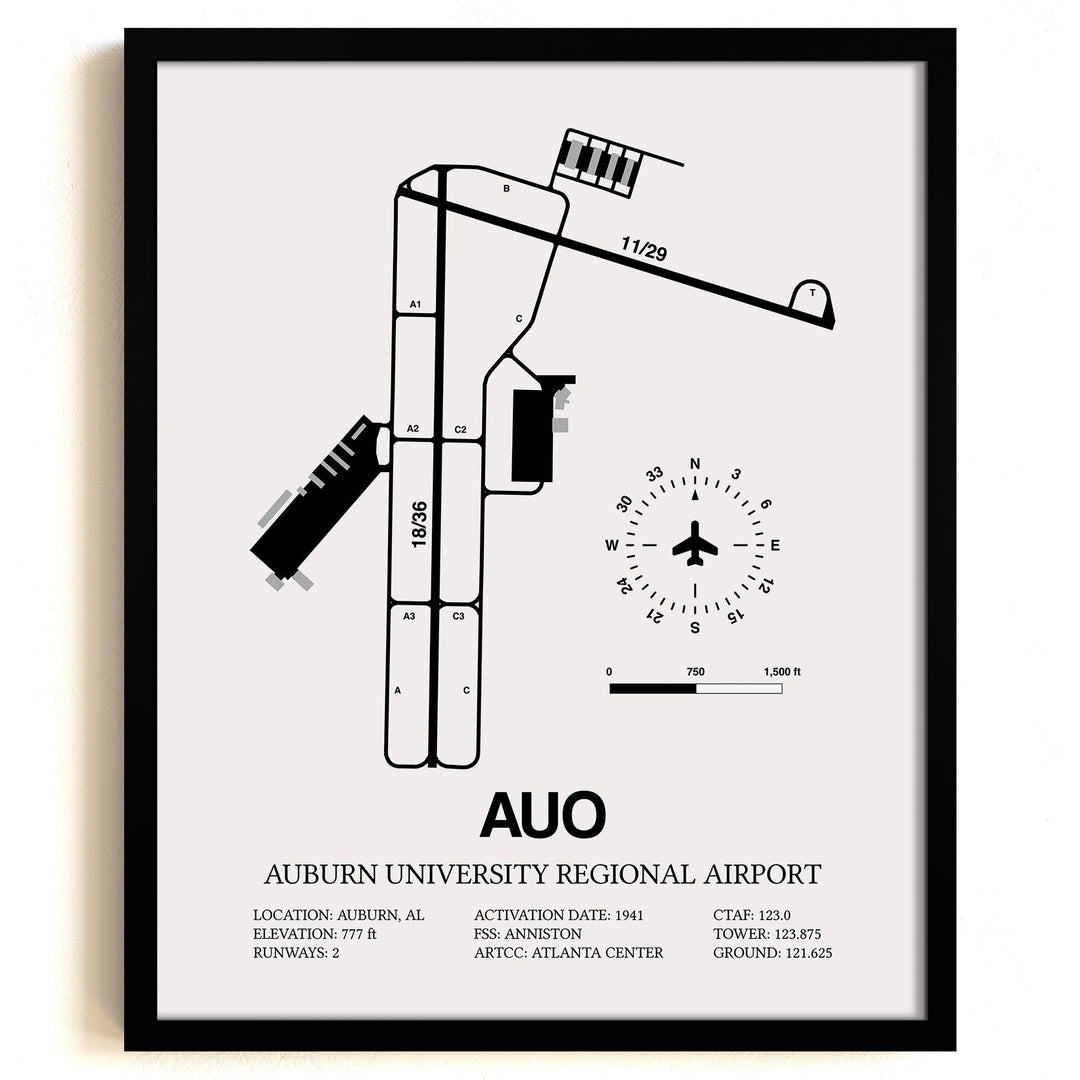 Framed Detailed Airport Map of Auburn University Regional Airport (AUO) in White with a Black Frame