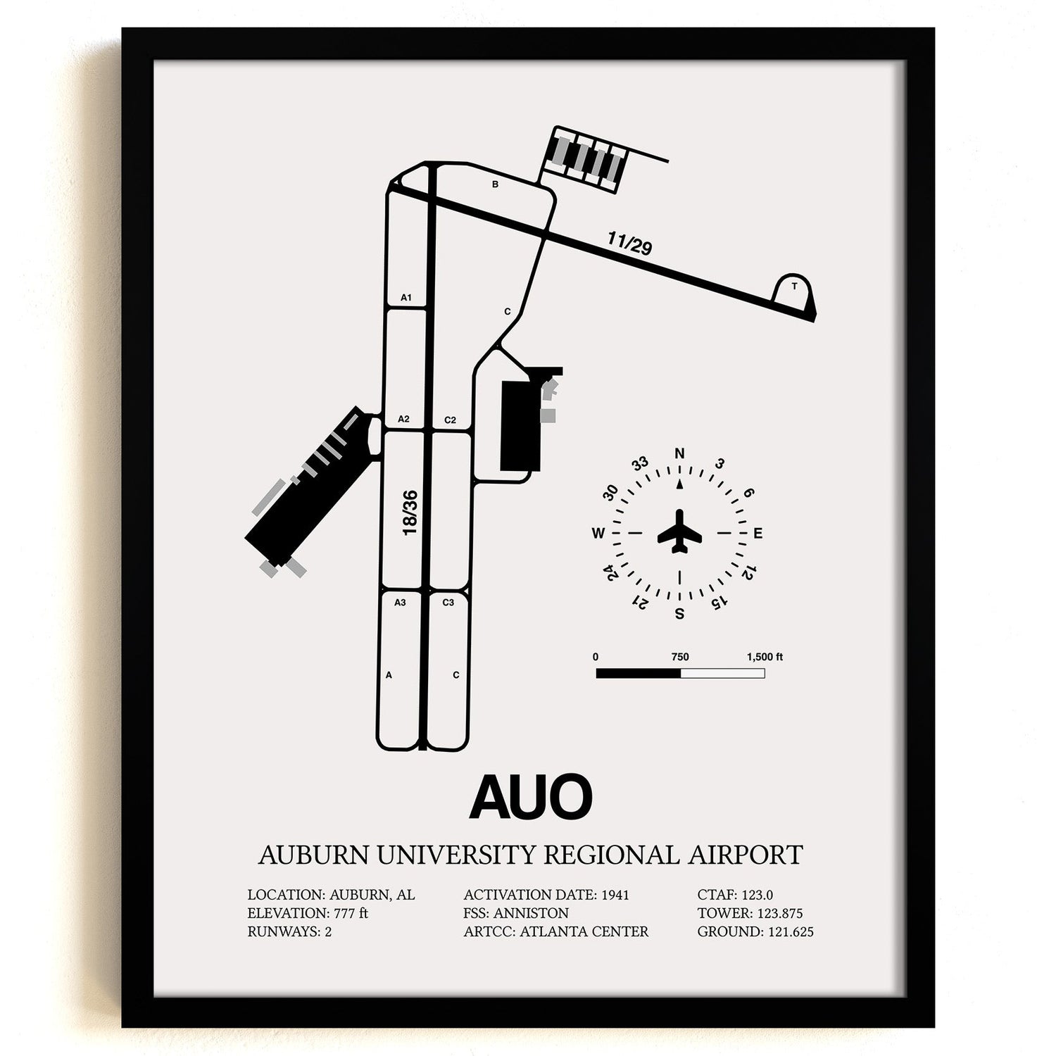 Framed Detailed Airport Map of Auburn University Regional Airport (AUO) in White with a Black Frame