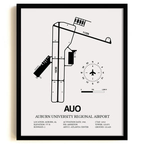 Framed Detailed Airport Map of Auburn University Regional Airport (AUO) in White with a Black Frame