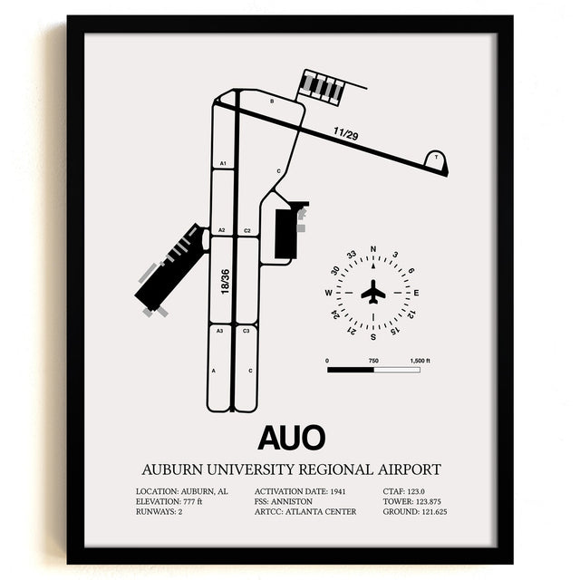 Framed Detailed Airport Map of Auburn University Regional Airport (AUO) in White with a Black Frame