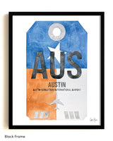 Framed Watercolor Print of Austin-Bergstrom International Airport (AUS) with a Black Frame