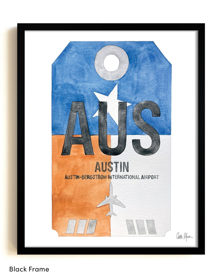 Framed Watercolor Print of Austin-Bergstrom International Airport (AUS) with a Black Frame