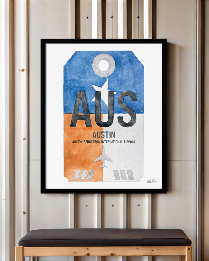 Framed Watercolor Print of Austin-Bergstrom International Airport (AUS) with a Black Frame