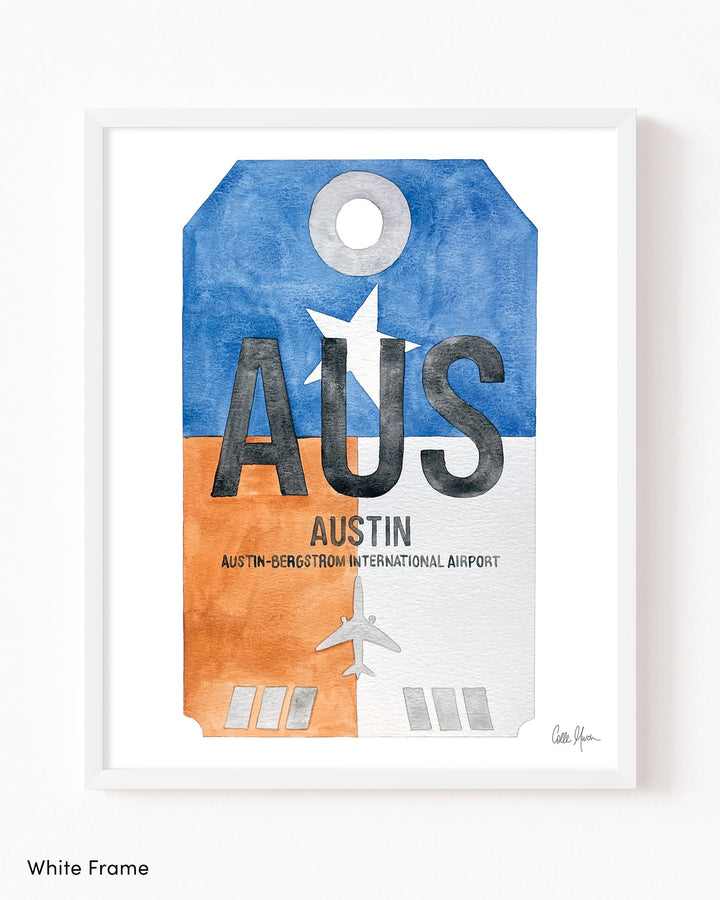 Framed Watercolor Print of Austin-Bergstrom International Airport (AUS) with a White Frame