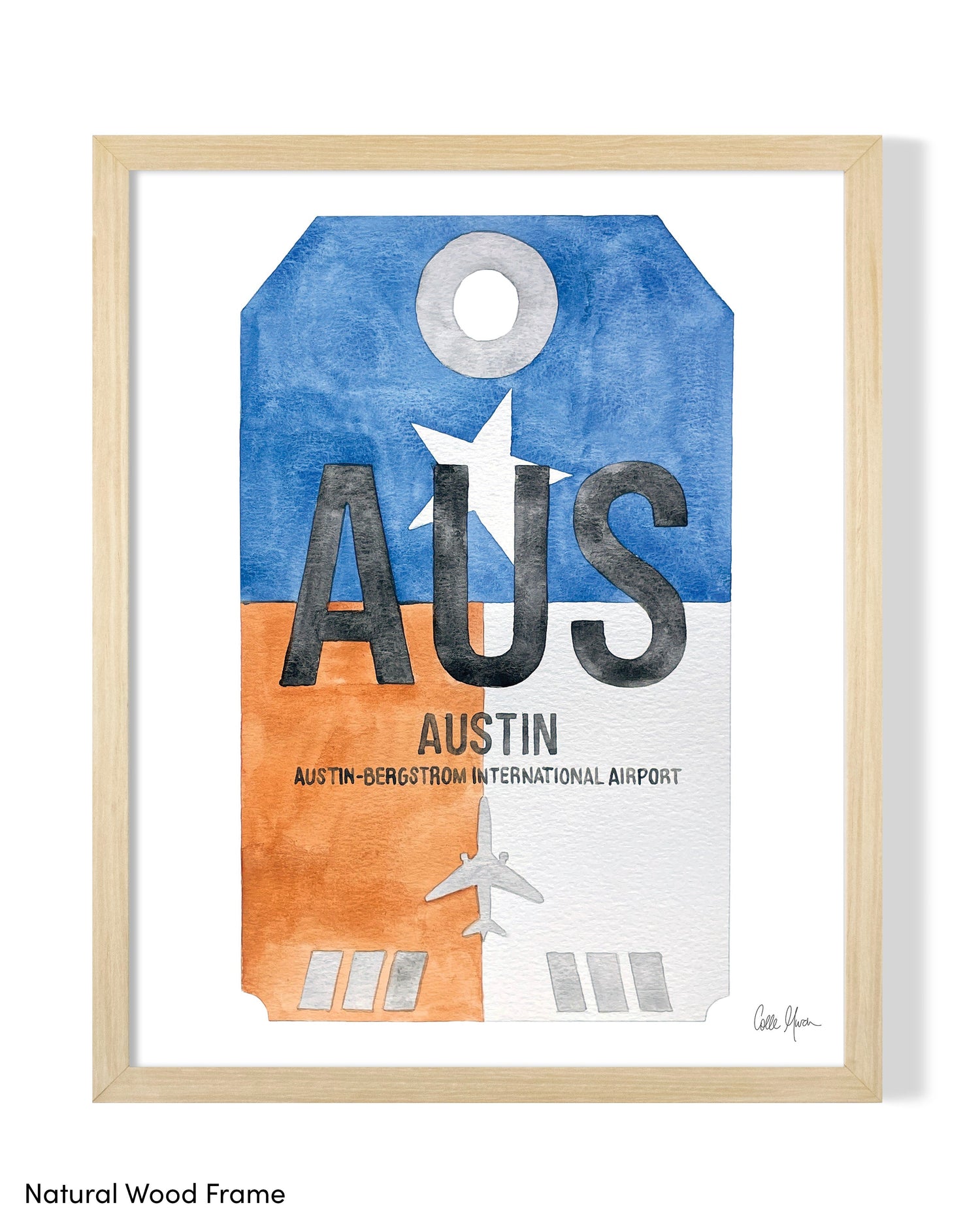 Framed Watercolor Print of Austin-Bergstrom International Airport (AUS) with a Natural Wood Frame