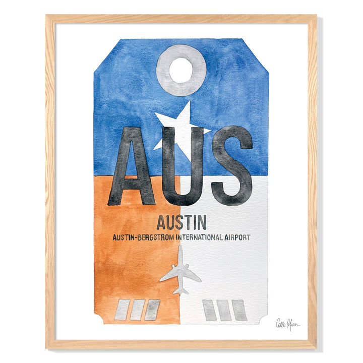 Framed Watercolor Print of Austin-Bergstrom International Airport (AUS) with an Oak Frame