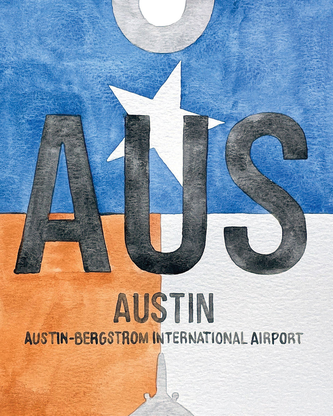 Closeup Watercolor Print of Austin-Bergstrom International Airport (AUS)