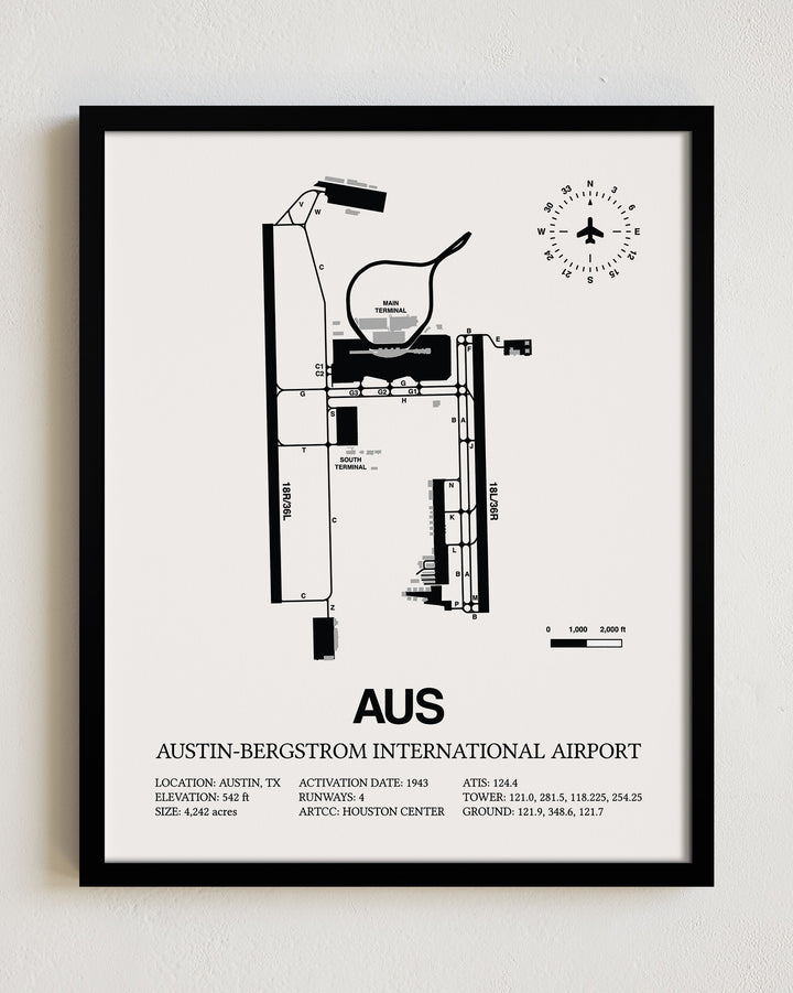 AUS Airport Map, Austin - Bergstrom International Airport Print