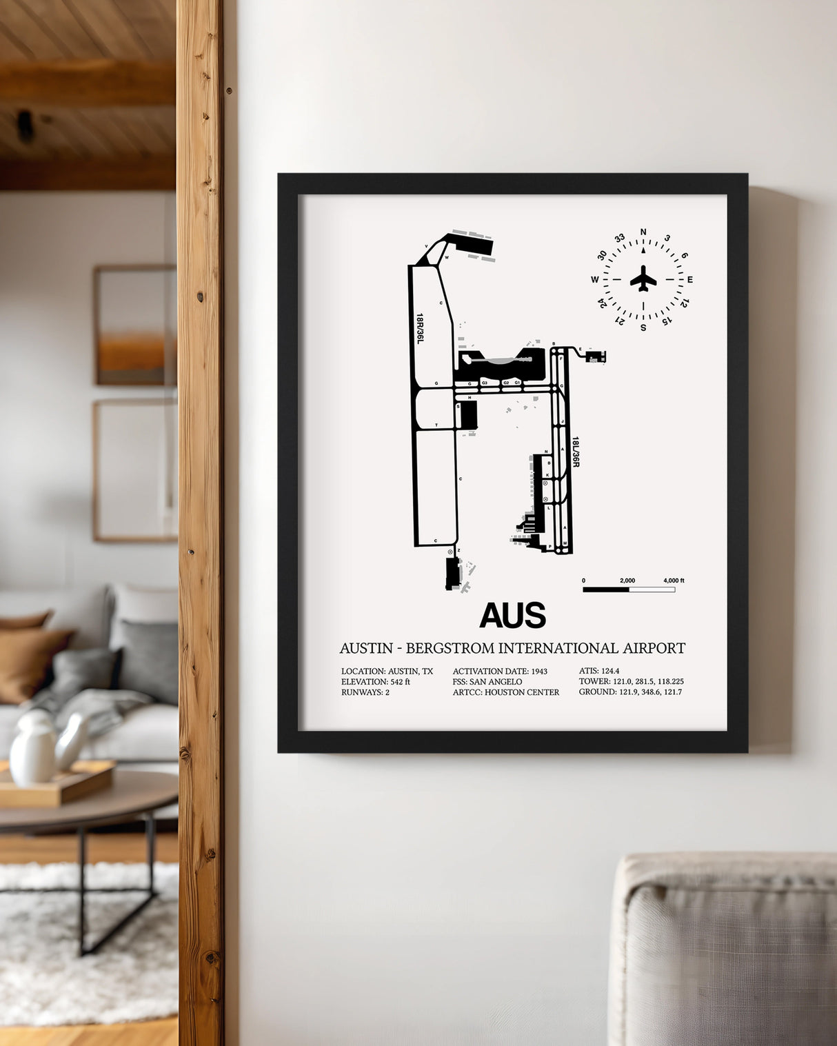 Framed Detailed Airport Map of Austin - Bergstrom International Airport (AUS) in White with a Black Frame
