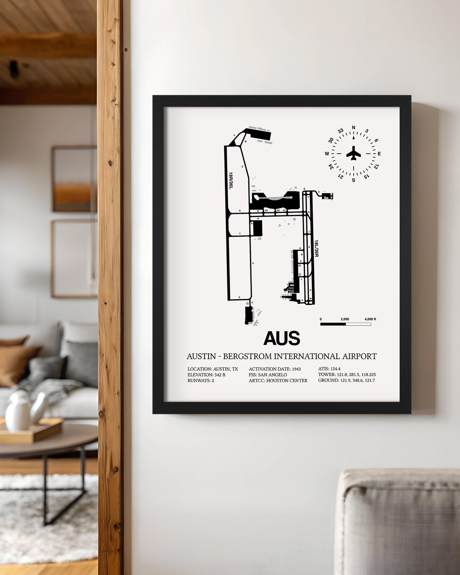 Framed Detailed Airport Map of Austin - Bergstrom International Airport (AUS) in White with a Black Frame
