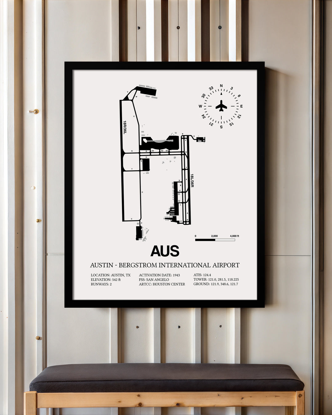 Framed Detailed Airport Map of Austin - Bergstrom International Airport (AUS) in White with a Black Frame