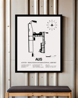 Framed Detailed Airport Map of Austin - Bergstrom International Airport (AUS) in White with a Black Frame