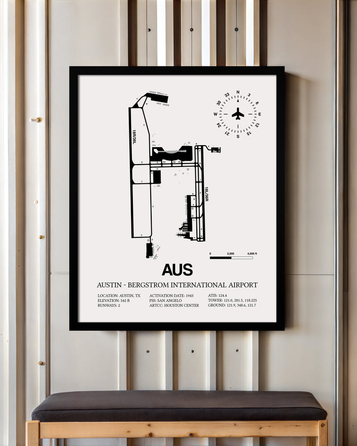 Framed Detailed Airport Map of Austin - Bergstrom International Airport (AUS) in White with a Black Frame
