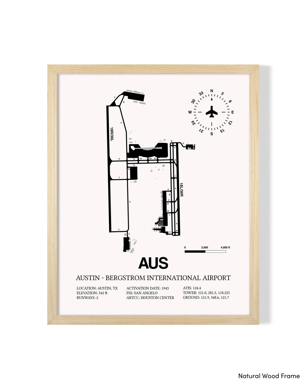 Detailed Airport Map of Austin - Bergstrom International Airport (AUS) in White with a Natural Frame